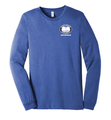 Blue long sleeve shirt with Education Minnesota Moorhead logo screen printed on left chest.