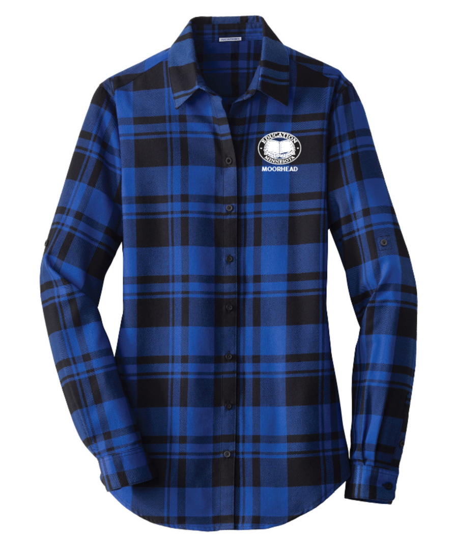 Blue/Black plaid button down long sleeve with Education Minnesota Moorhead embroidered on left chest.