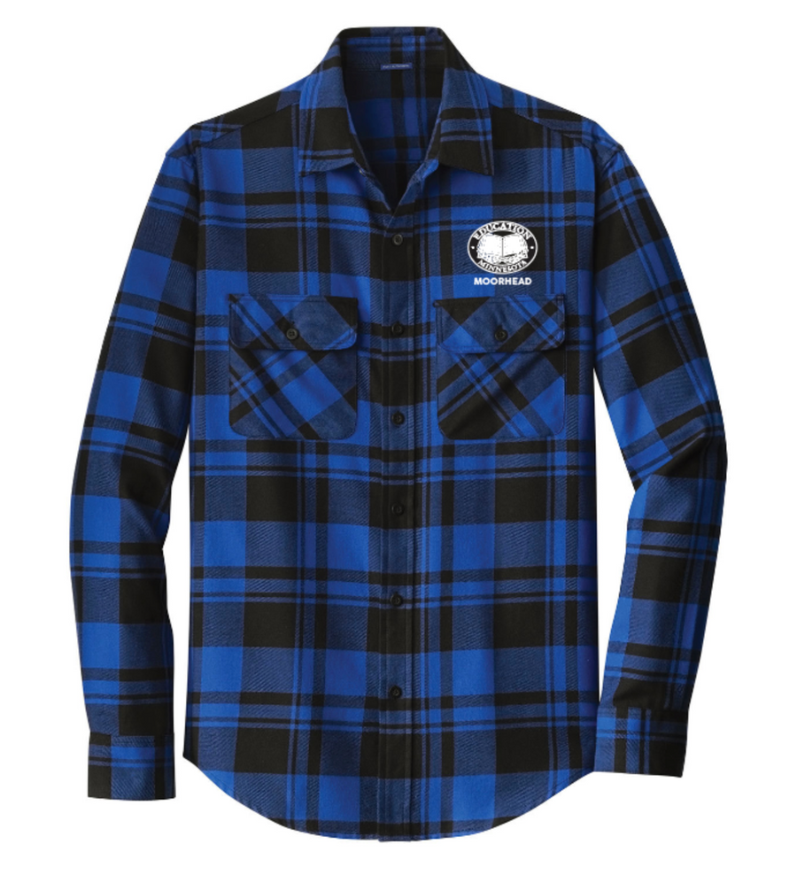 Men's blue/black plaid button down flannel long sleeve with the Education Minnesota Moorhead logo embroidered on left chest